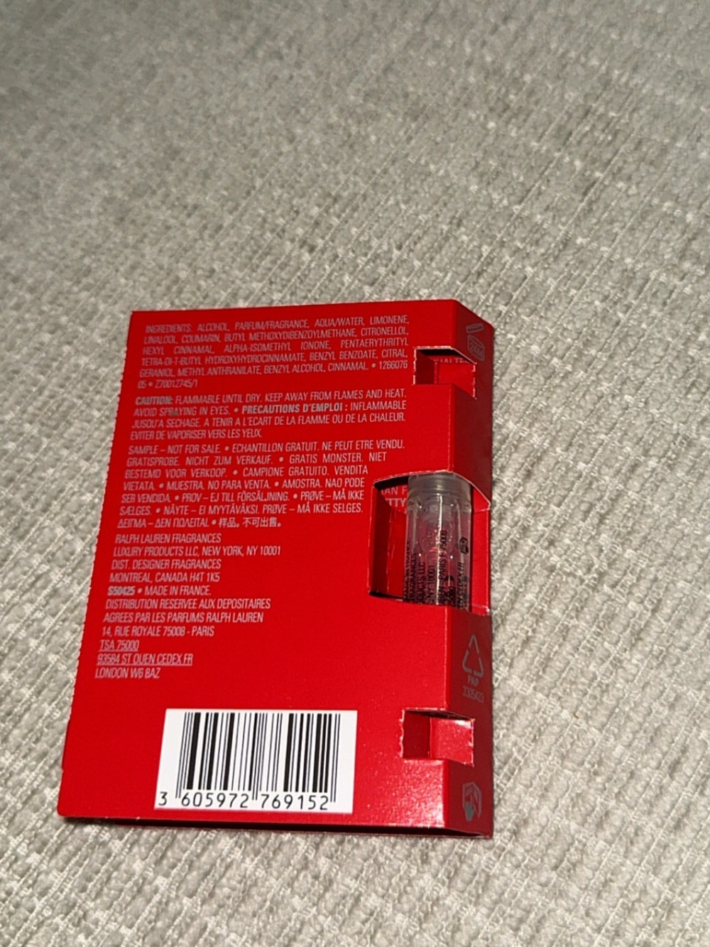 NEW Polo Ralph Lauren Red Parfum Spray Sample 1.2mL Unopened - Picture 2 of 3